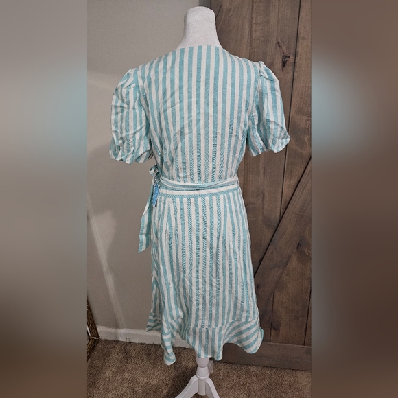 DRAPER JAMES Linen Blend Puff Sleeve Wrap Dress In Blue/white Striped.Size S NWT - Picture 13 of 15